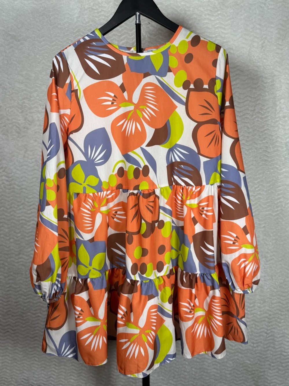 Benin Bold Retro Floral Mini Dress in Orange, Lime & Blue